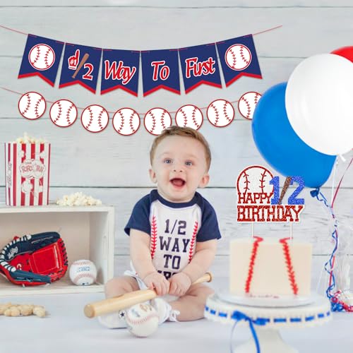 Kitticcino Baseball Half Birthday Party Decorations Kit Half Way To First Banner Happy 1/2 Birthday Cake Topper Balloons for Sports Theme 6 Months Baby Milestone Photo Props Baby Shower Supplies — view 6