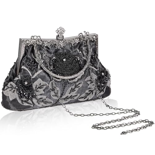 Womens Beaded Clutch 8.6 x 5.2 x 2.8 Inch Vintage Embroidery Evening Bag Sequin Rhinestone Clutch Purse Floral Crossbody Bag(Black)