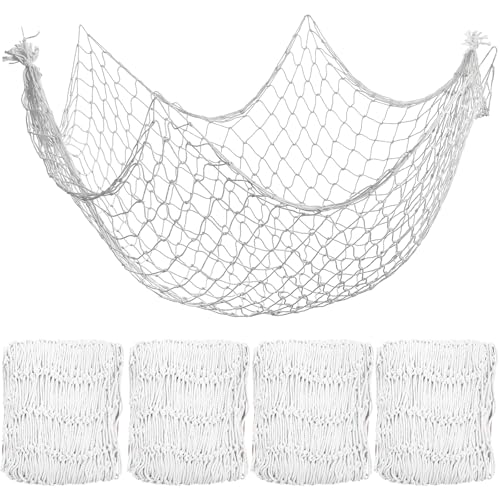 Image of TOPZEA 4 Pack Fish Net Decorative 80 x 40 Inch, Natural Cotton Fishing Net Wall Hanging Fishnet Decorations for Mermaid, Pirate, Nautical, Hawaiian, Under The Sea Themed Party Supplies, Beige