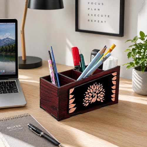 Image of Zesta Wooden Desk Organizer Pen Stand Remote Holder Card Slot | Table Accessory Office Desk Study Room | Pencil Storage Stand Stylish Workspace Decor (Pen Holder with Peacock Print)
