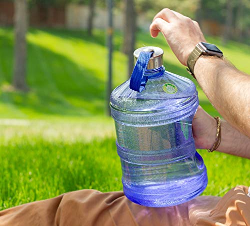 Image of New Wave Enviro Iconic 1 Gallon Round BPA Free Water Bottle with Stainless Steel Cap and Integrated Handle, Ideal for Gym and Outdoor Life, Blue
