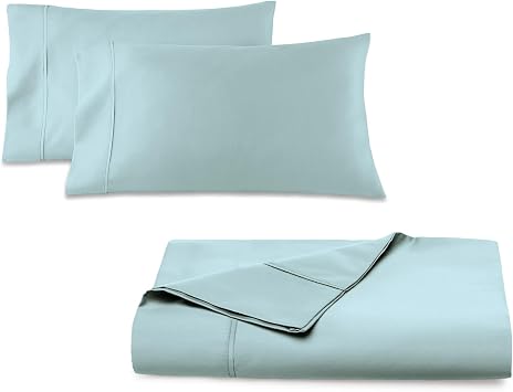 Pizuna 3 Piece Queen Bedding Bundle - 1 Flat Sheet, 2 Pillowcases, 400 Thread Count Pure 100% Cotton Sateen Weave Combed Cotton Sheet Set Baby Blue