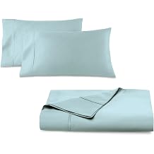 Pizuna 3 Piece Queen Bedding Bundle - 1 Flat Sheet, 2 Pillowcases, 400 Thread Count Pure 100% Cotton Sateen Weave Combed Cotton Sheet Set Baby Blue