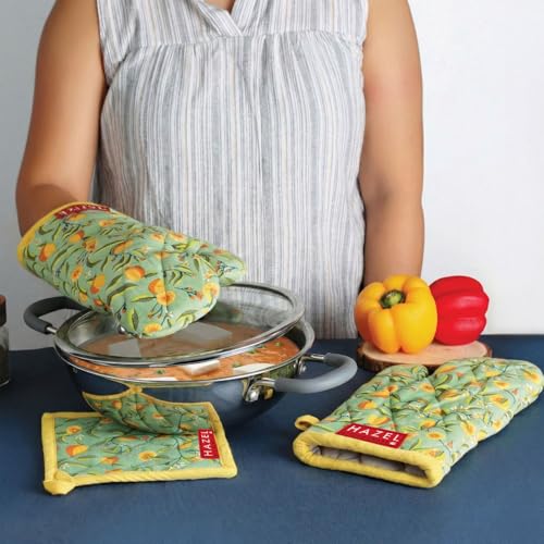 Image of HAZEL Cotton Oven Glove (1 Pair) and Pot Holder Set for Kitchen | Durable and Safe Cooking and Baking