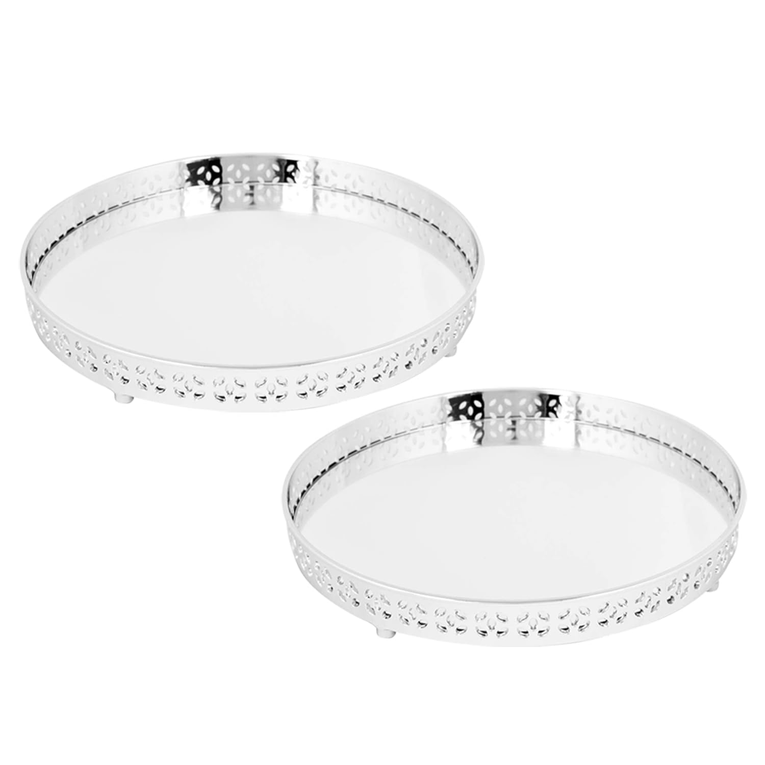 M1ss Silver Set Of 2- Round Decorative Tray Mirrored Display Tray For Coffee Table Farmhouse Centerpiece Mirror Candle Tray Vintage Mirrored Bar Tray For Home Decor Bathroom Vanity Closet