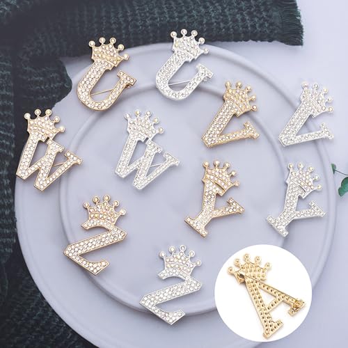 Image of Letter Rhinestone Brooches for Women Gold Silver Initial Crown Lapel Bag Clothing Dress Custom Jewelry Gifts