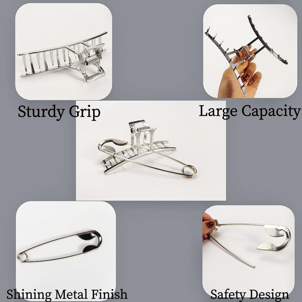 Goth Silver Metal Hair Styling Accessory Set, Extra Large Claw Clip and Oversized Safety Pin, Non-Slip Jaw Clip for Thick Hair, Stylish Headpieces for Daily&Party Outfit Bath Makeup Organize image 4