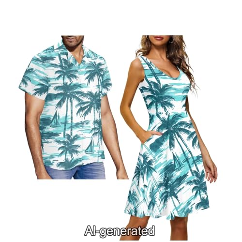Image of Dreaweet Summer Dresses for Women A-Line Sleeveless Flowy Sun Dresses,Men's Casual Button-Down Shirts,Couple Matching Outfits