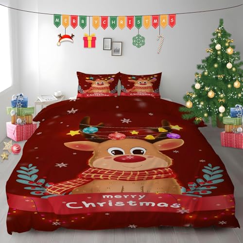布団カバー クイーン クリスマストナカイ|マイクロファイバー 掛け布団カバー 210x210 +枕カバー 2枚 3点セット|吸汗速乾・防静電気・洗濯耐久|肌ざわり最高 ヒイラギの飾り球 なプリントデザイン PH593