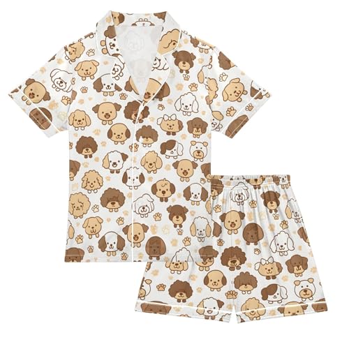 Animal Puppy Cute Paw Pajamas Set Soft Satin Pjs Sets 2 Piece Short Sleeve Sleepwear Casual Loungewear