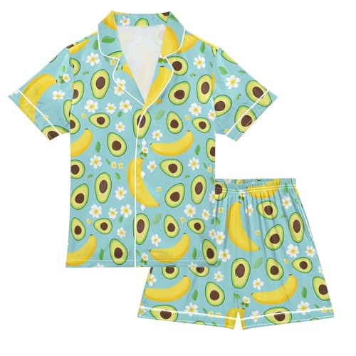 Avocado Banana Flower Pajamas Set Summer Button Down Sleepwear Pjs Sets Comfy Loungewear