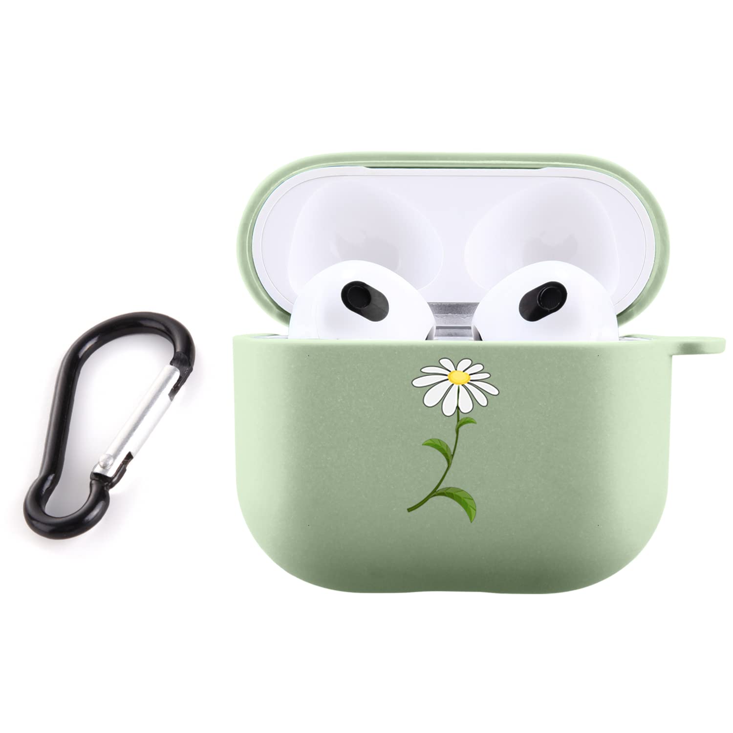 JOYLAND Cute Flower Case for AirPods 3 2021 with Keychain,Sunflower Case for Women Men Girls Boys,Green Smooth TPU Silicone Protective Cover