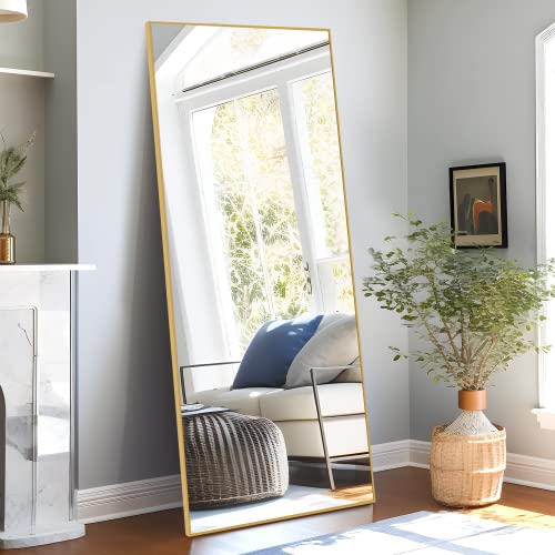 Image of NeuType 71 inchx32 inch Full Length Mirror with Standing Holder Aluminum Alloy Frame Floor Mirror Wall-Mounted Mirror for Living Room, Bedroom, Hanging or Leaning Against Wall, Golden (with Stand)