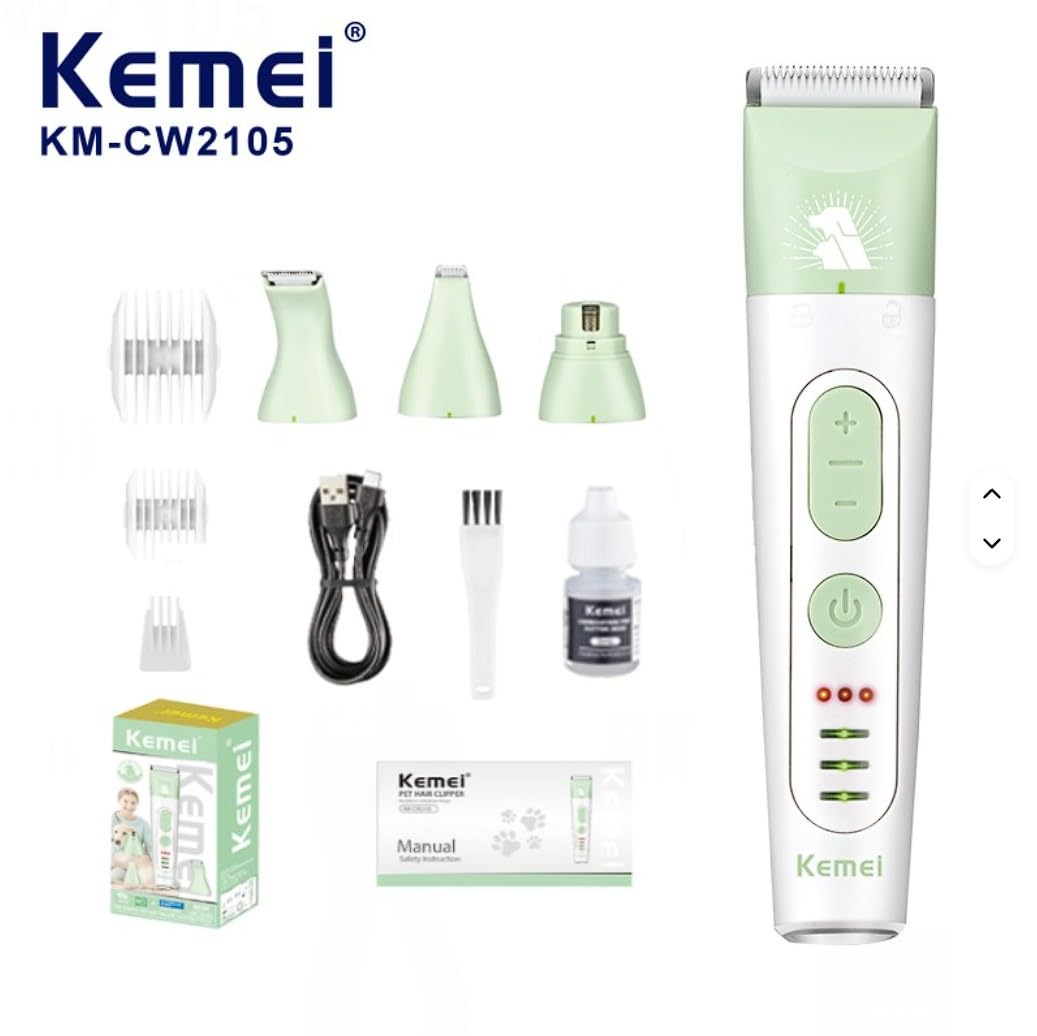 Kemei KM-CW2105 Kit de Toilettage 4 en 1 sans Fil, Lames en Céramique, Charge Rapide, Faible Bruit, pour Chiens et Chats