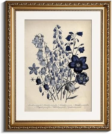 VIYYIEA Gold Framed Botanical Wall Art Decor, Blue Flower Campanula Pictures Prints, Living Room Bedroom Coastal Room Blue Floral Summer Decor, Vintage Retro Farmhouse Canvas Paintings,13x16 Inch