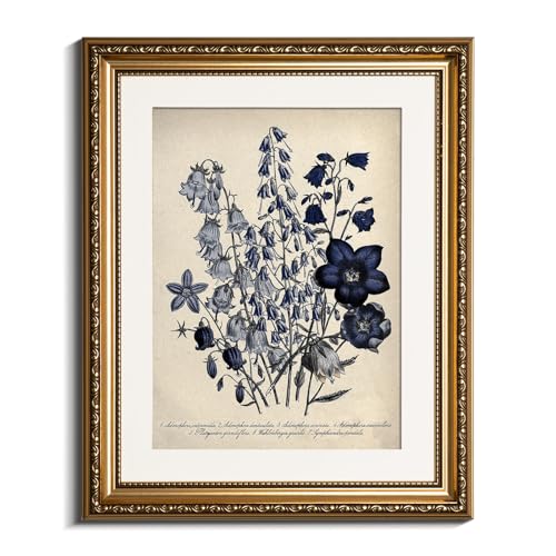 VIYYIEA Gold Framed Botanical Wall Art Decor, Blue Flower Campanula Pictures Prints, Living Room Bedroom Coastal Room Blue Floral Summer Decor, Vintage Retro Farmhouse Canvas Paintings,13x16 Inch