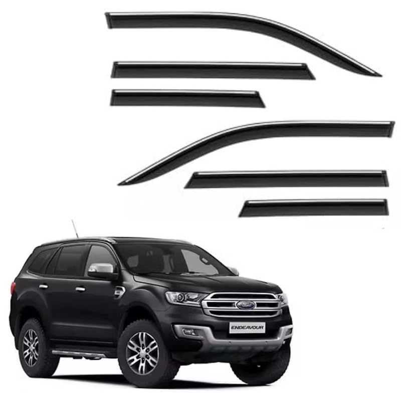 Image of CAR SAAZ Side Door Visors for Endeavour (2016-2019) (Set of 6Pcs)|Chrome Lined Rain Guards, Smoke Finish, Polycarbonate Wind Deflector