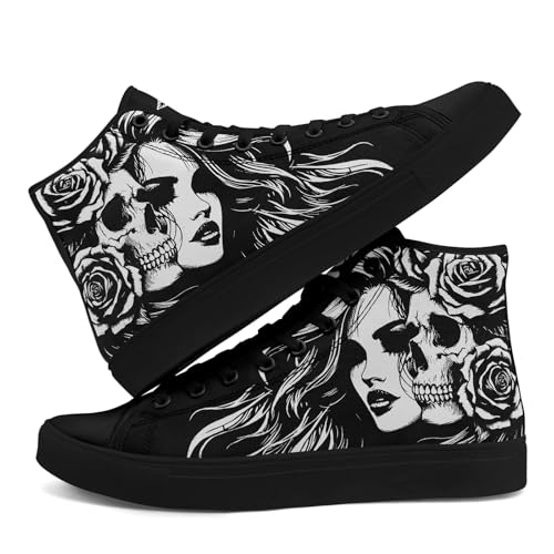 Mens Womens Gothic Skull Rose High Top Canvas Sneakers Punk Rock Floral Cool Lace-Up Casual Shoes Edgy Streetwear Aesthetic 5