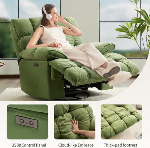 Image of SITJOY Oversized Power Swivel Rocker Recliner Chair, Overstuffed Extra Wide Rocking Chair for Big and Tall, Glider Recliner Nursery Chair, USB Charging, Soft Breathable Fabric in Green, Power