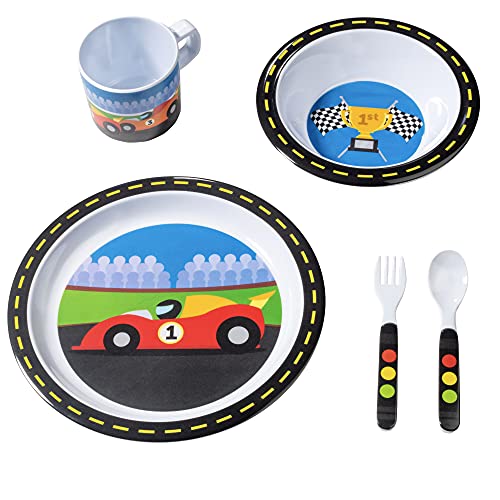5 Pc Mealtime Feeding Set For Kids And Toddlers - Racecar - Includes Plate, Bowl, Cup, Fork And Spoon Utensil Flatware - Durable, Dishwasher Safe, Bpa Free #TOP1