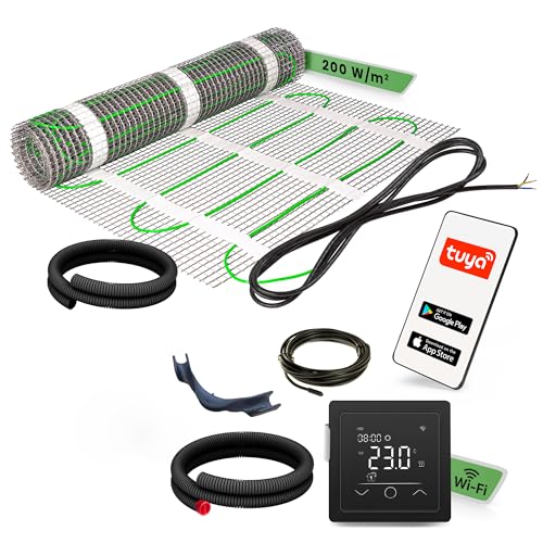 EH Expert EcoPRO Heizmatten Set | 200 W/m² | 1 m² | Elektrische Fußbodenheizung - für Fliesen, Naturstein, Teppich, Vinyl und Laminat, inkl. Installationsmaterial, mit WLAN Touchthermostat (Schwarz)