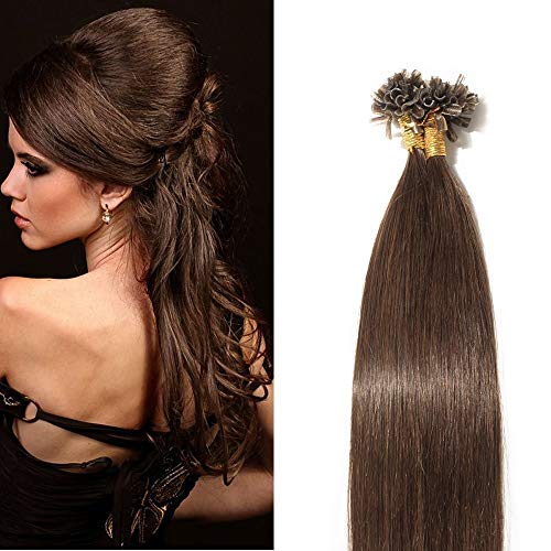 U Tip Human Hair Extensions Pre Bonded Nail Tipped Real Human Hair Piece Italian Keratin Silky Straight 100 Strands 18"-50g (#05 Medium Brown)