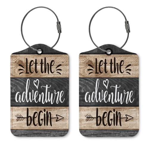 Couple Luggage Tags for Suitcases,Let The Adventure Begin 2 Pack Travel Suitcase Tags,Wood Stripes Traveling Accessories Baggage Tag Label with Steel Loop,Bride Groom Travel Gifts