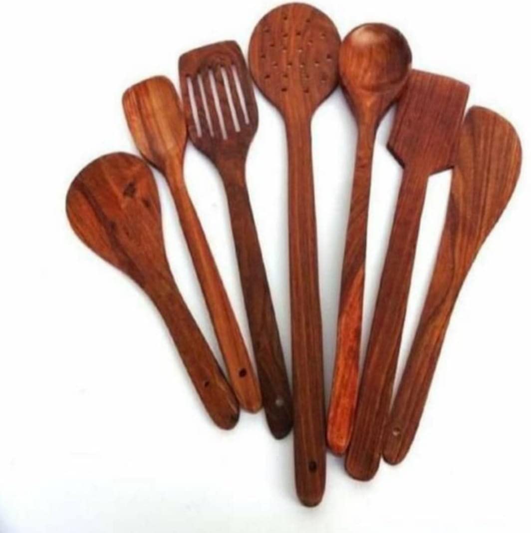 The Noor Concept 7 Pc Wooden Cooking Utensils - Non-Stick Soft Grip Teak Wood Spoon Set
