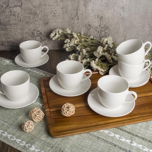 Livello Amalfi Zestaw Filiżanek do Kawy 250 ml – 6 x Filiżanka + 6 x Spodek (12 el.) | Biała Porcelana Premium | Duże Filiżanki do Kawy i Herbaty | Elegancki Komplet na 6 Osób | Zmywarka