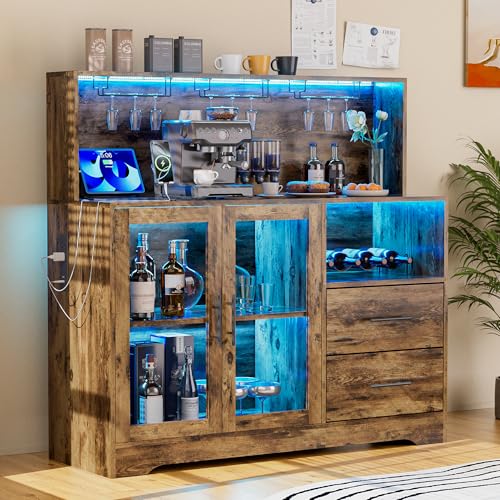 GIODIR Home Bar Cabinet with Adjustable RGB LED Light, Wine & Coffee Storage with Rack & Drawers, Charging Station, Modern Liquor Cabinet for Living & Dining Room, All-in-One Wine Bar Cabinet (Rustic)