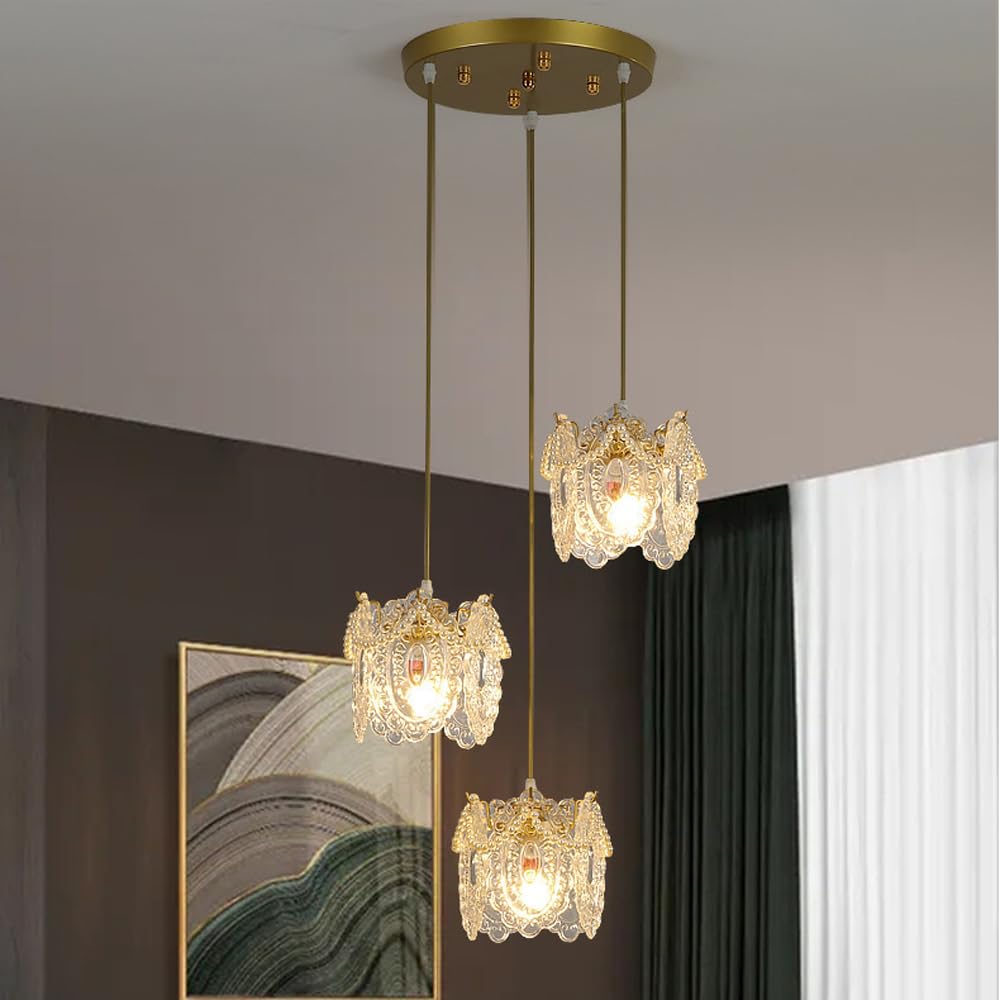 Lustre moderne à 3 lumières en fer doré et verre pour salon