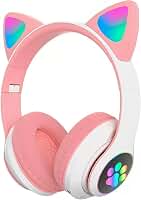 Fone de Ouvido Infantil Bluetooth Ajustável com Orelhas de Gato, Luz LED, Confortável e Dobrável, Limite de Volume Seguro para Crianças, Headset Kids para Celular/Tablet/PC (Rosa e Branco)
