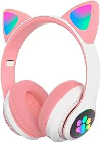 Fone de Ouvido Infantil Bluetooth Ajustável com Orelhas de Gato, Luz LED, Confortável e Dobrável, Limite de Volume Seguro para Crianças, Headset Kids para Celular/Tablet/PC (Rosa e Branco)