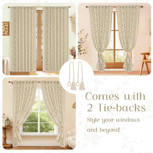 Image of Yinhua Boho Curtains for Living Room 84 Inch Length Vintage Linen Natural Curtains for Bedroom Light Filtering Floral Window Curtain Rod Pocket & Back Tabs Farmhouse Rustic Tassel Drapes with Tiebacks