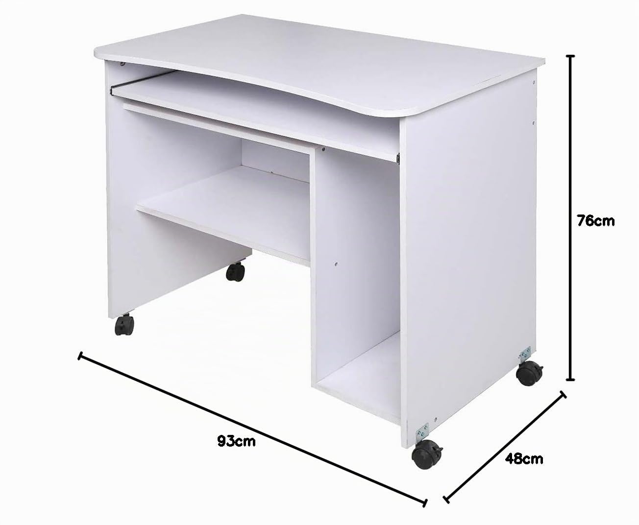 BAKAJI Scrivania con Portatastiera Estraibile Ripiano Inferiore e Vano Pora Computer Tavolo da Lavoro Porta Pc in Legno MDF con 4 Ruote Arredamento Casa Ufficio Cameretta Moderna (Bianco)