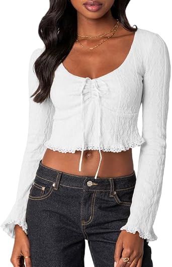 Womens Lace Trim Long Sleeve Knit Top Tie-Front Low Cut Scoop Crop Tops Aesthetic Grunge Y2K Tops Streetwear