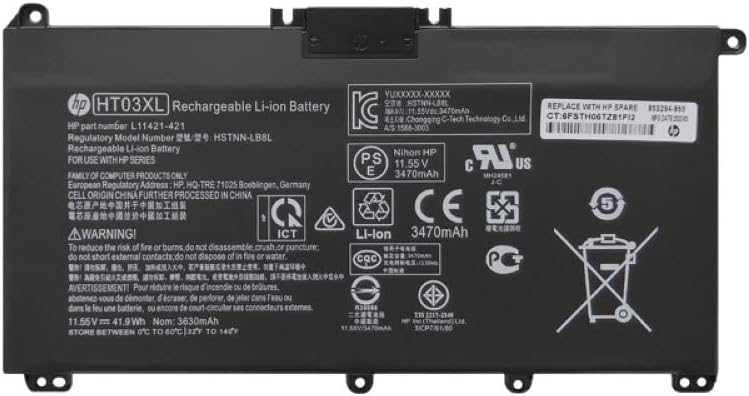 HP HT03XL Laptop Battery replaceable for Hp Pavilion 14-CE 14-CF 14-DF 15-CS 15-DA 15-DB 15-DW TPN-I130/I131/I132 L11421-422 HSTNN-LB8M 17-AR050WM 920046-121 421 541 HSTNN-IB7Y （11.55V 41.7Wh）