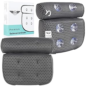 Newark Premium badkussen, grijs, hoogwaardig badkussen met versterkte zuignappen, nekkussen met praktische haak, voor spa en bad, 4D ademend badkussen