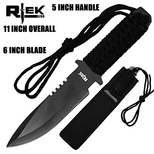 Rtek 11" Tactical Fixed Blade Survival Knife Cord Wrap Handle With Sheath (Spear Point Blade W/ Firestarter) #TOP4