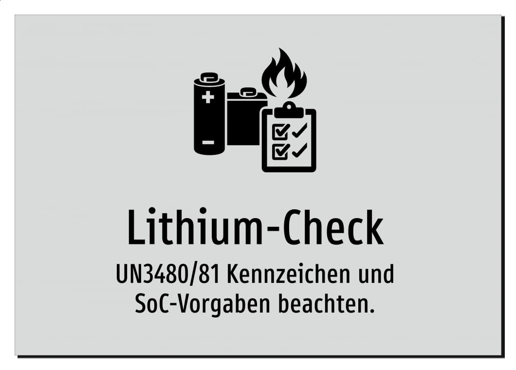 36135-DE-S-09 | Lithium-Check - UN3480/81 Kennzeichen und SoC-Vorgaben | Aluminiumschild A2, 594 x 420mm | mit Symbolgrafik und Text