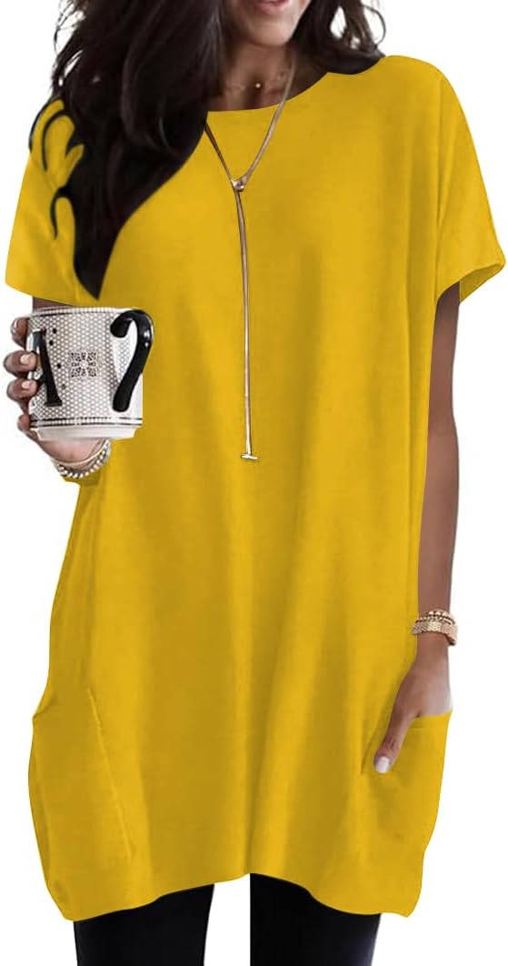 Naggoo Womens Short Sleeve Tunic Tops for Leggings Summer Casual Long Shirt with Pockets Floral Print T-Shirts