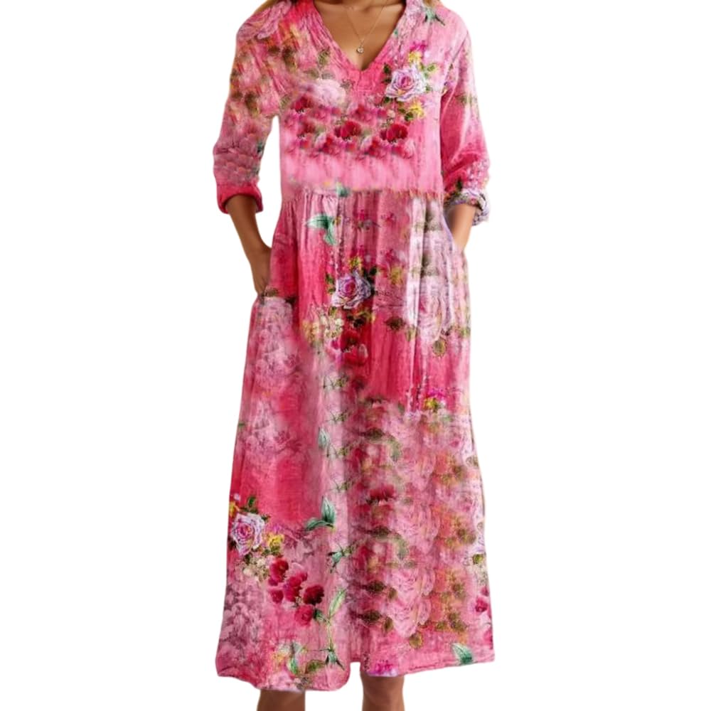Akivide Women's Long Sleeve Boho Floral Prirted V Neck Tunic Dress Casual Loose Fall Tunic Maxi Dresses 2025 with Pockets