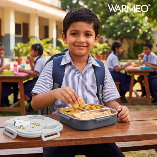 Image of WARMEO Jerry Insulated Lunch Box with Three Compartment BPA Free, Kids Lunch Box,Food Grade Ideal for School, Picnic, Office & Outdoor - 500ml Duck, Stainless Steel