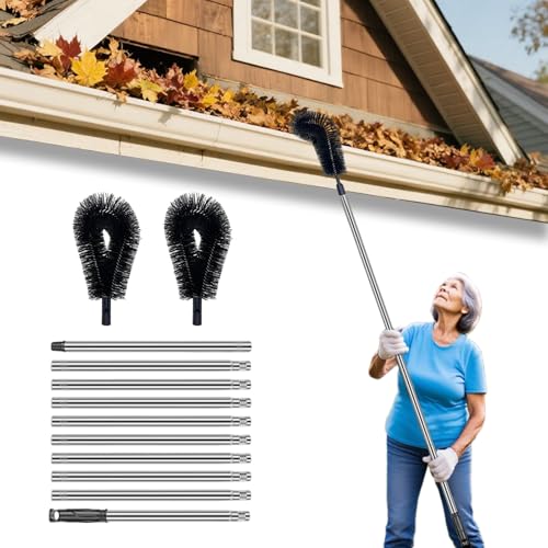 14 FT Gutter Cleaning Tools from The Ground, Rain Gutter Cleaning Brush with Pole, No Ladder Needed Cleaner Tool with 2 Nylon Brush Heads