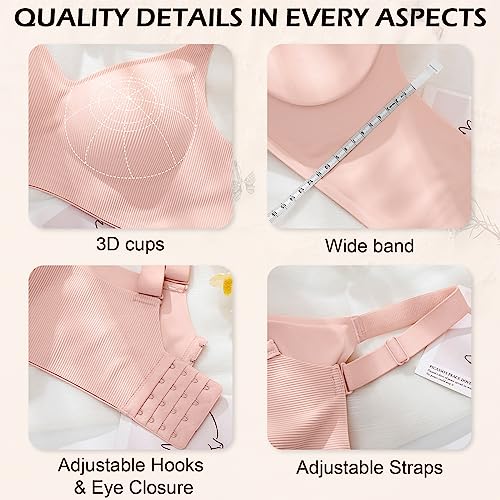 Bras for Women No Underwire 2 Pack Padded Wireless Bras Seamless Bras for Women Low Impact Full Coverage Bra,Pink Champagne L