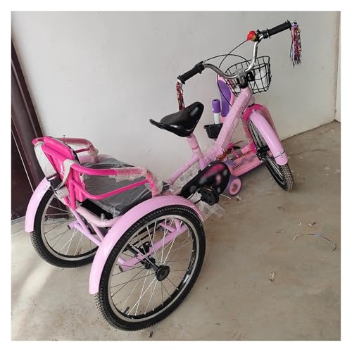 Soft Comfortable Two Seater Bicycle for Kids/Children's/Teen/Beginners, Adjustable 3 Wheel Tricycle with Basket & Back Seat/Deepen Storage Basket, Foldable Three Wheel Trikes(Pink,16