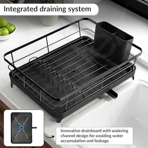 Image of Plantex Stainless Steel Dish Drying Rack /Vessel Drainer Basket with Tray /Smart Drainage Drainboard with Detachable Cutlery Holder /Utensils Drying Rack for Kitchen- (43 X 32 X 12 cm, Black)