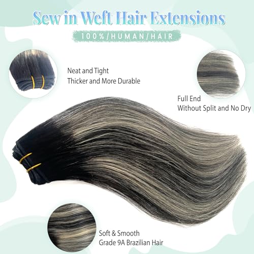 Image of Balayage Blonde Highlight Weft Hair Extensions Human Hair Weave Extension Black Hair Balayage White Grey Highlights Sew in Hair Extensions Real Human Hair Wefts 18 Inch Hair Wefts Weave Bundles 100G