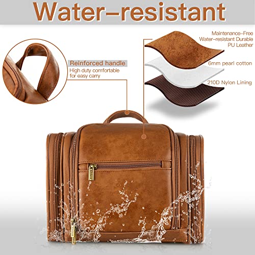 Elviros Travel Hanging Toiletry Bag For Women And Men, Large Pu Leather Toiletries Organizer, Water-Resistant Bathroom Shaving Kit For Cosmetics, Makeup Case (Large, Brown) #TOP2