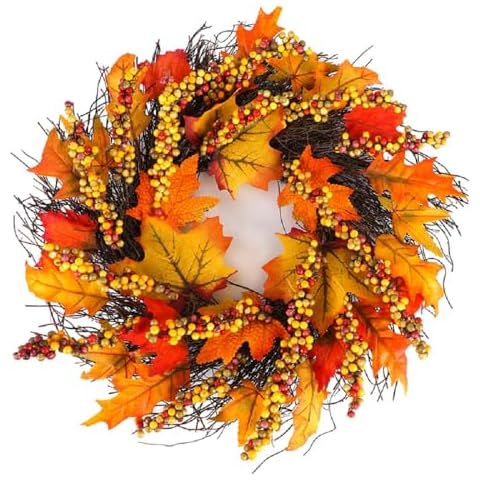 Souarts Fall Wreaths for Front Door, 17.7" Artificial Autumn Wreaths with Maple Leaves and Berries, Thanksgiving Wreath for Indoor Outdoor Fall Decorations(Maple Leave Orange 17.7") Cover